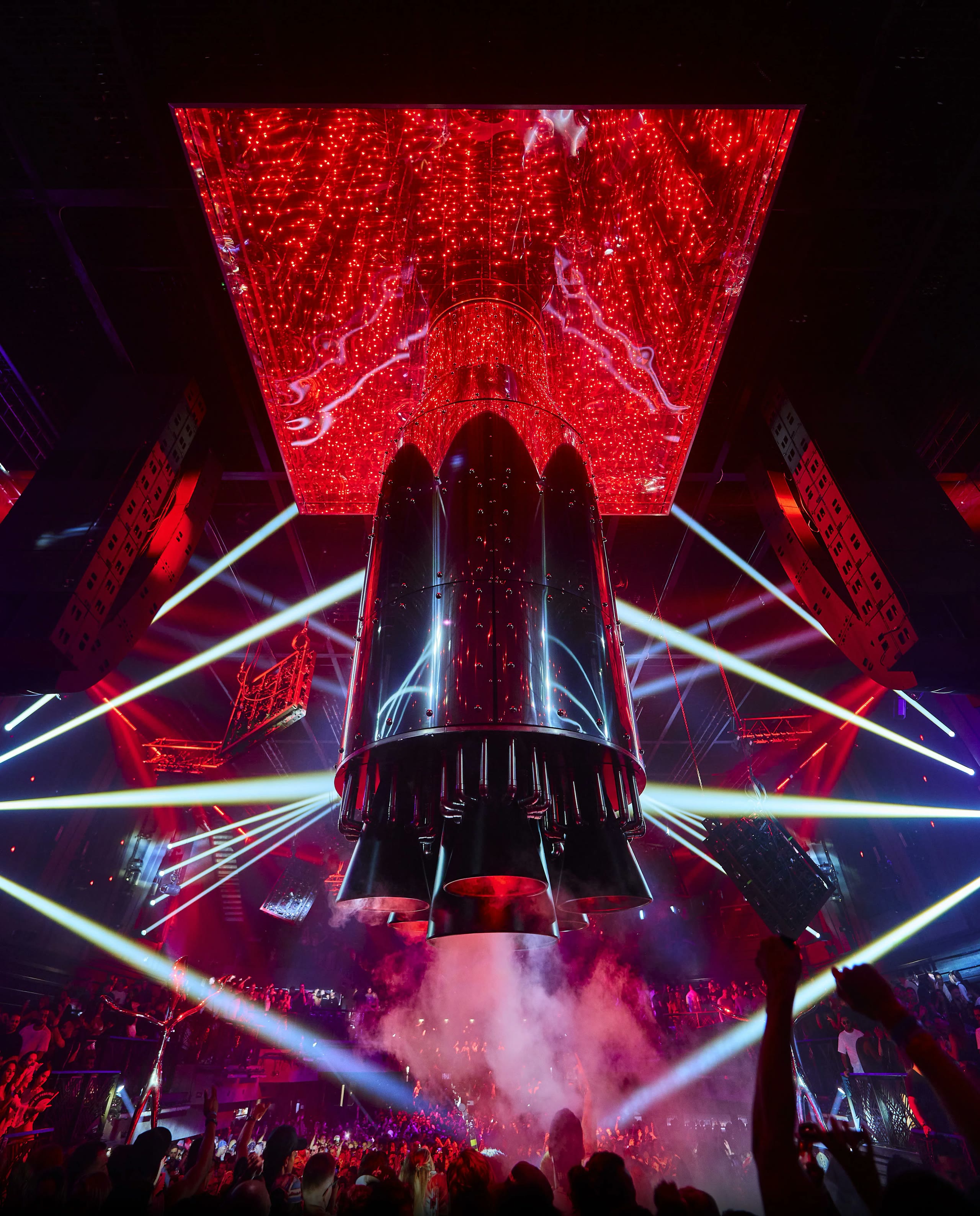 A commissioned stage artwork towering over a dancefloor