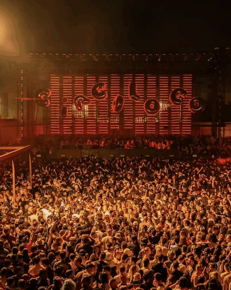 A crowd dancing in front of a stage built as an artwork
